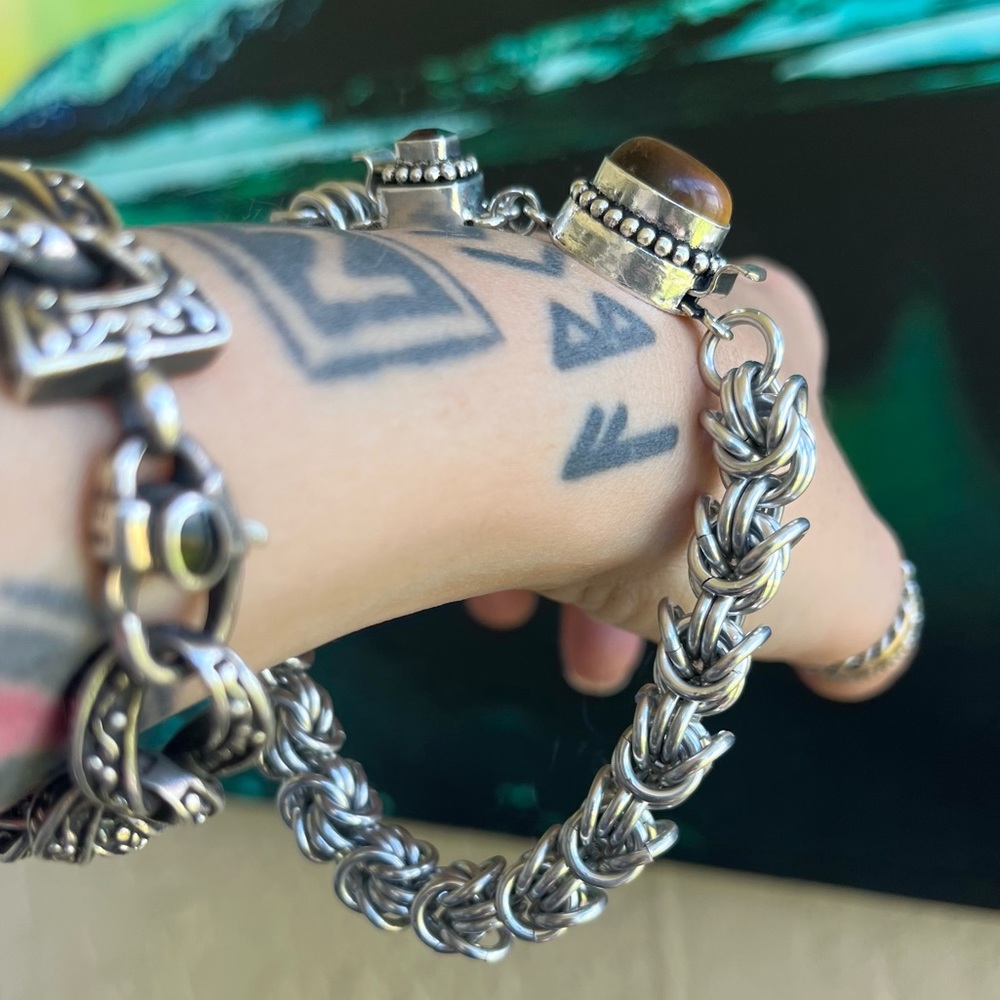Handmade bizantine link chain bracelet with red garnet & tiger eye men bracelet - Picture 11 of 16
